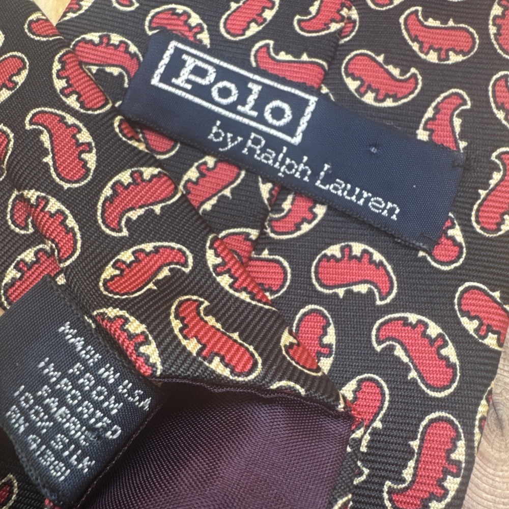 Polo Ralph Lauren Silk Tie Black Red Paisley Print Necktie Classic USA Made